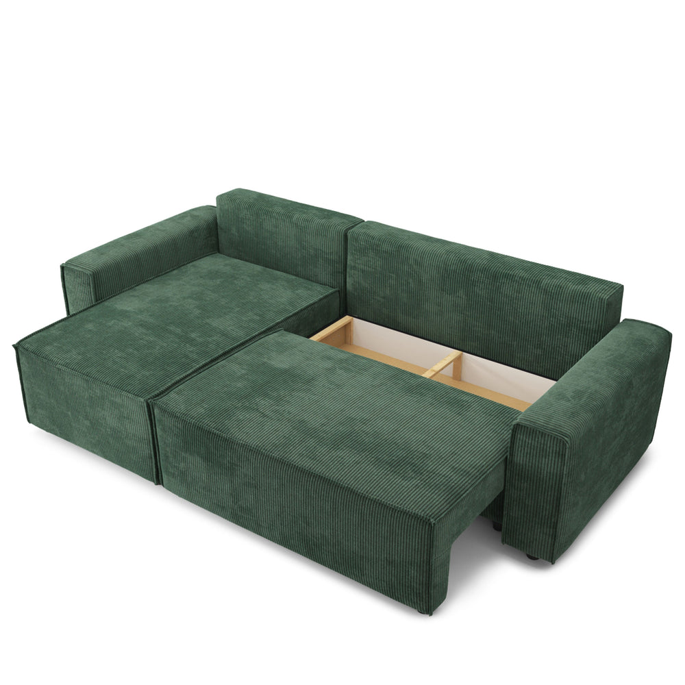 Canapé d'angle convertible vert en velours côtelé avec coffre L251cm "Léger défaut"