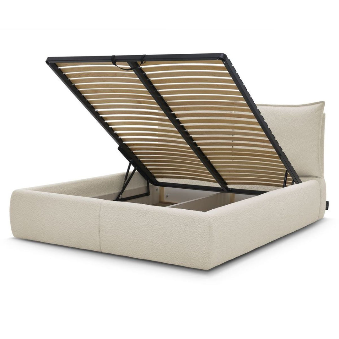 Lit coffre BOBOCHIC Garance 180x200cm avec tête de lit effet oreiller tissu bouclette beige