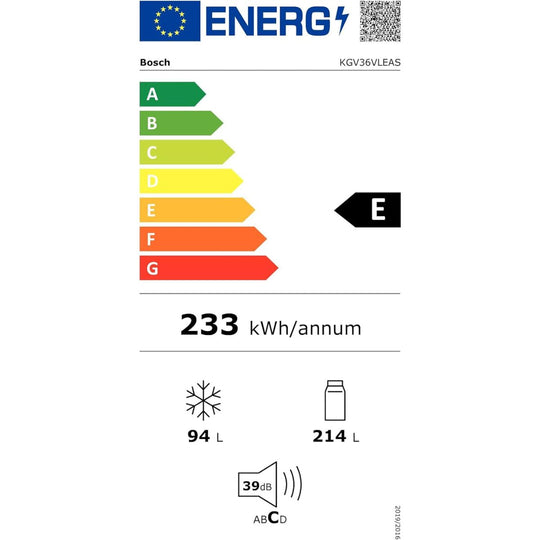 Réfrigérateur combiné BOSCH pose-libre 186 x 60 cm Couleur inox, Total No Frost KGN36VLED