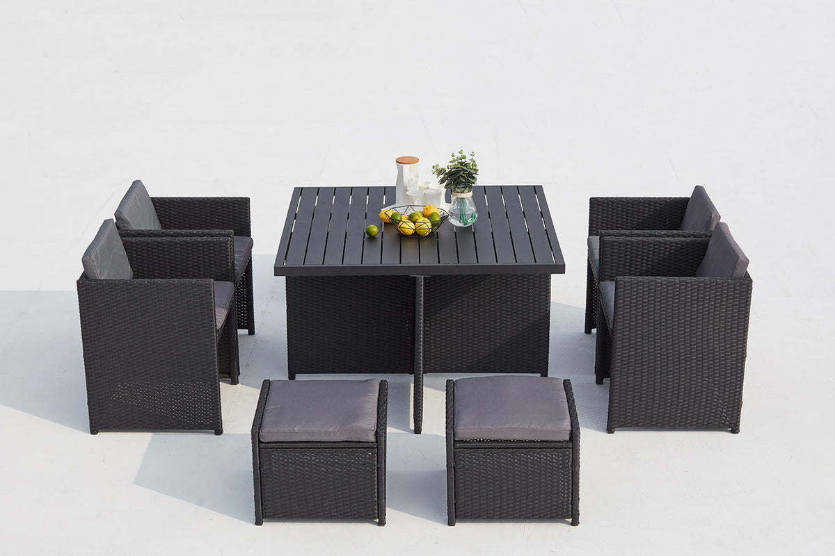 salon de jardin encastrable de 8 places en résine tressée Noir et gris sur fond Blanc
