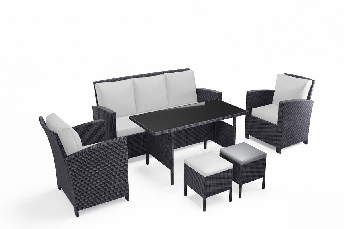 salon de jardin de 6 places en résine tressée sur fond Blanc Noir et Ecru