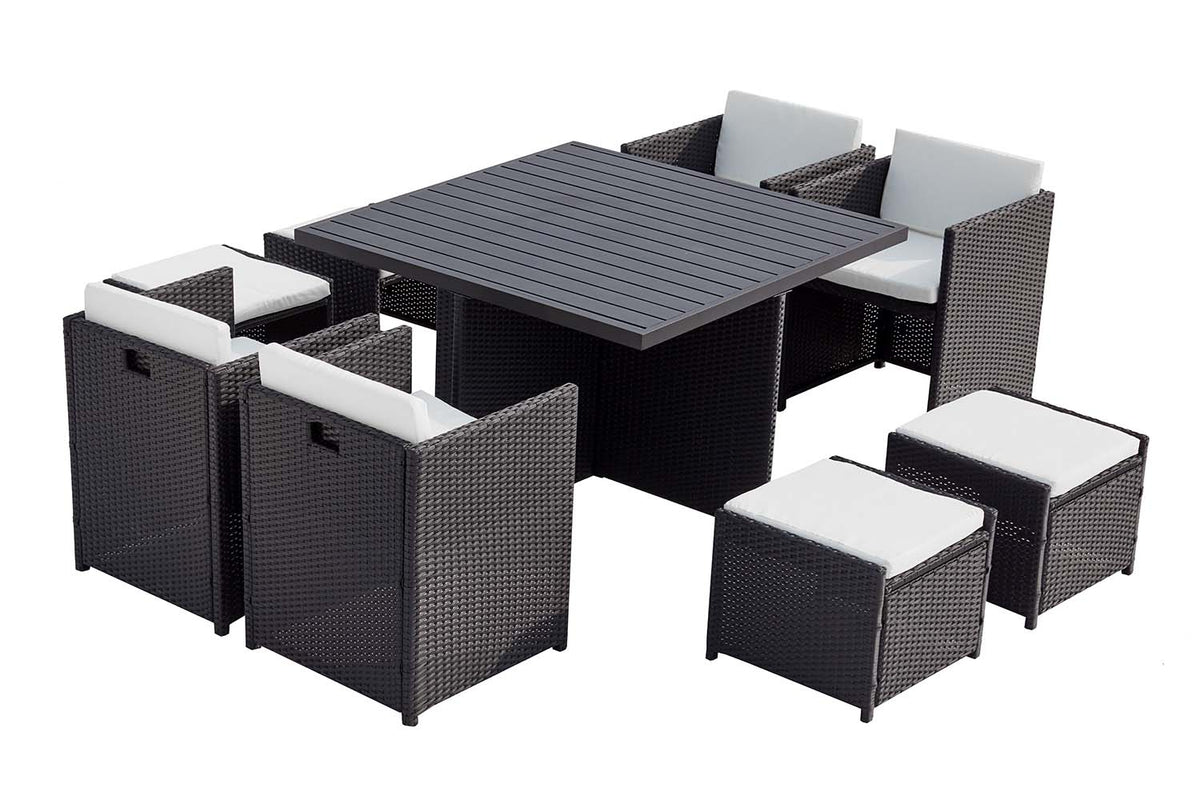 salon de jardin encastrable de 8 places en résine tressée Noir et blanc sur fond Blanc
