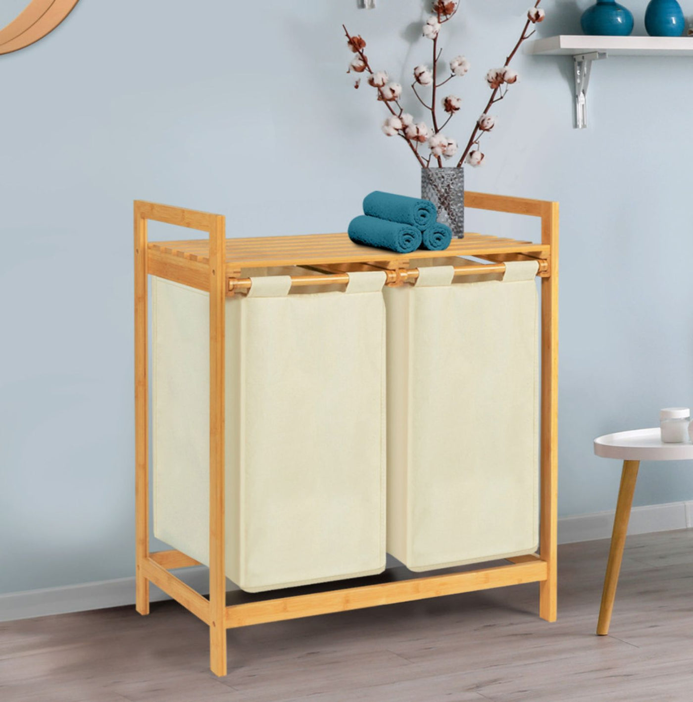 Panier à linge ecru deux compartiments en bambou