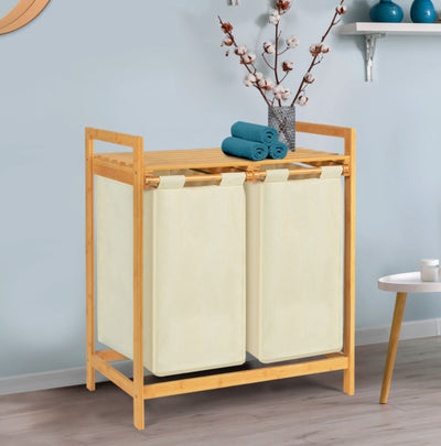 Panier à linge ecru deux compartiments en bambou