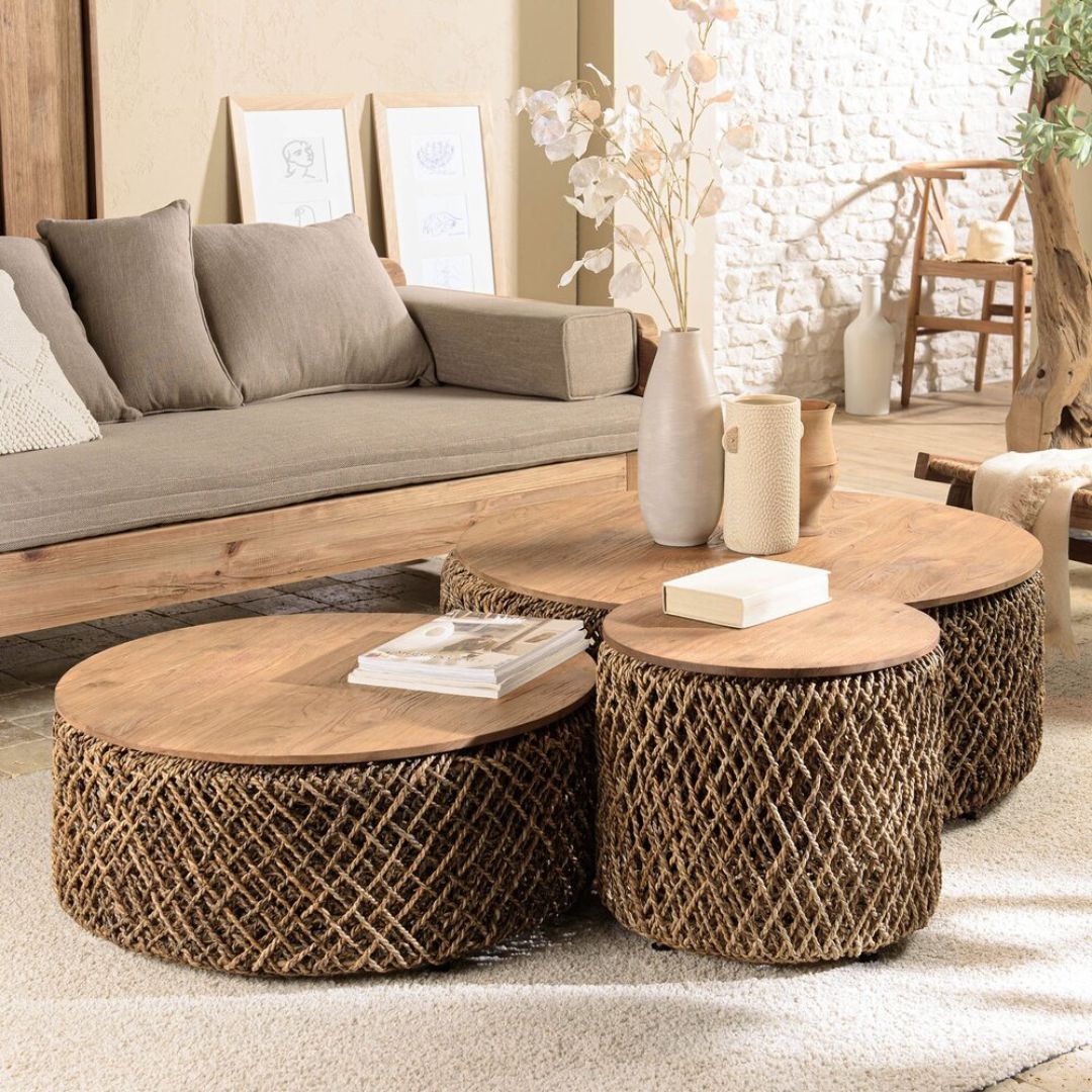 MACABANE- Set de 3 tables basses rondes en tissage de fibre de cocotier