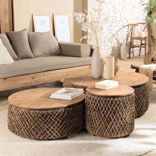 MACABANE- Set de 3 tables basses rondes en tissage de fibre de cocotier