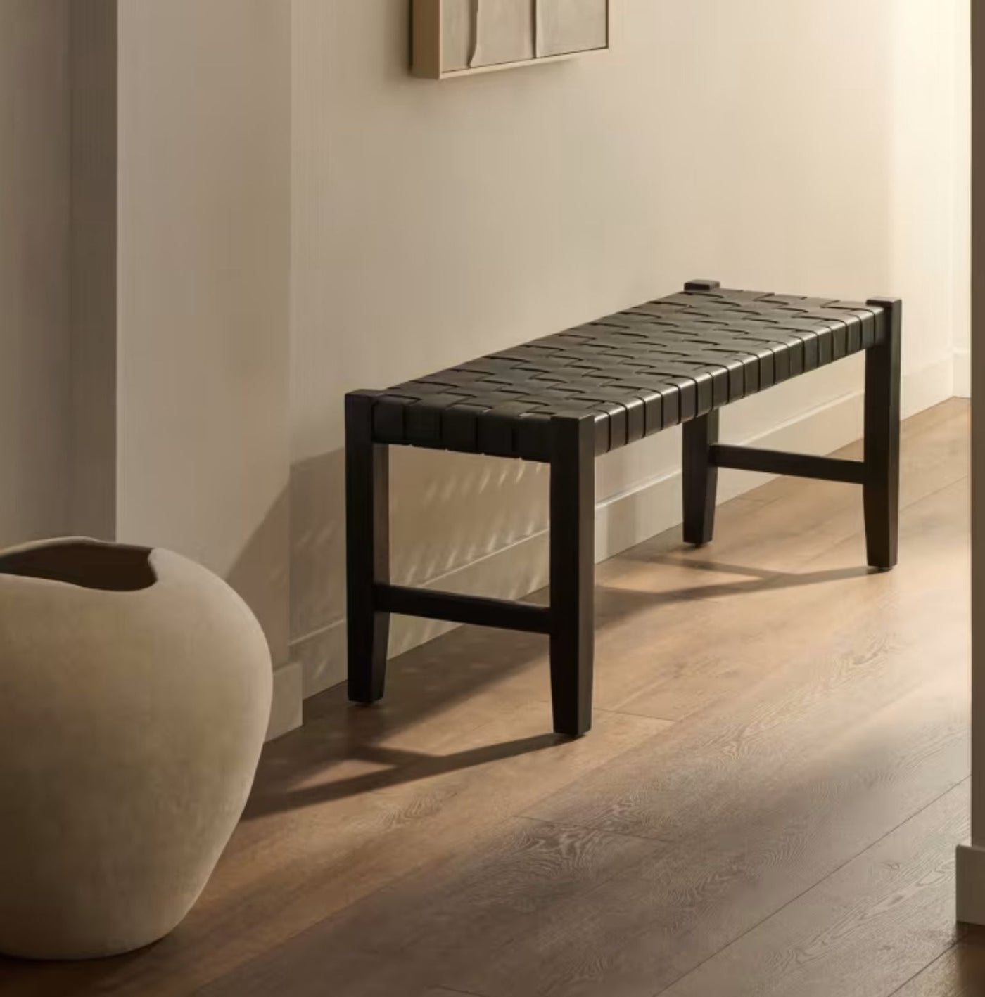 Banc Calixta en cuir et bois de acajou avec finition noire 120 cm KAVE HOME