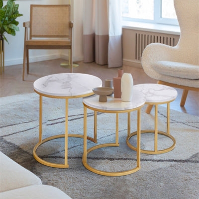 Table ronde gigogne X3 effet marbre pieds dorés