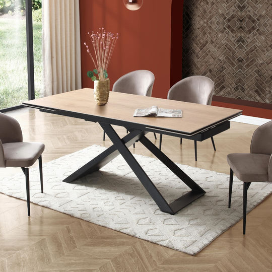 Table à manger extensible Vente Unique  6 à 10 personnes en céramique, verre trempé et métal - Naturel clair et Noir - XERENA de Maison Céphy