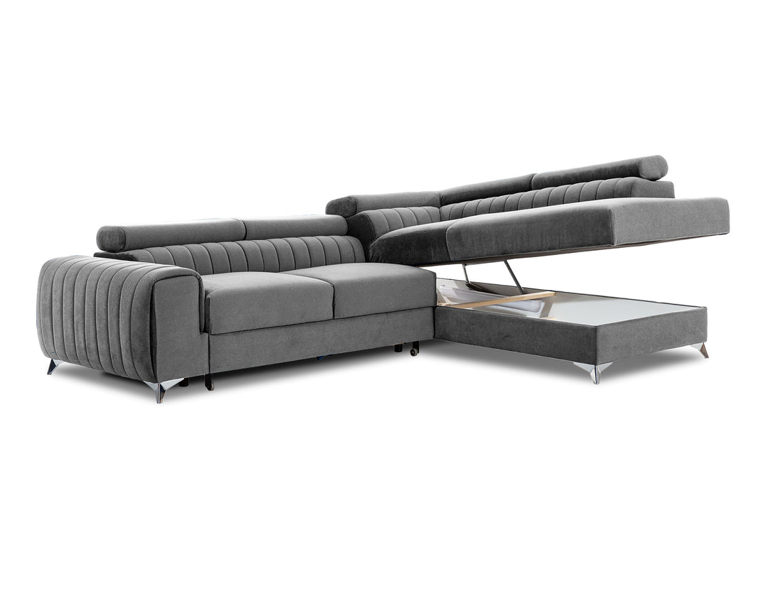 Canapé convertible d'angle droit LES TENDANCES Loza 5 places en velours gris avec appui-têtes réglables, coffre et pieds acier chromé