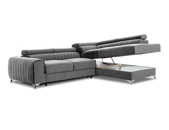 Canapé convertible d'angle droit LES TENDANCES Loza 5 places en velours gris avec appui-têtes réglables, coffre et pieds acier chromé