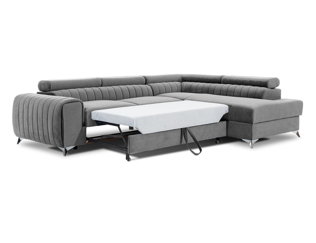 Canapé convertible d'angle droit LES TENDANCES Loza 5 places en velours gris avec appui-têtes réglables, coffre et pieds acier chromé