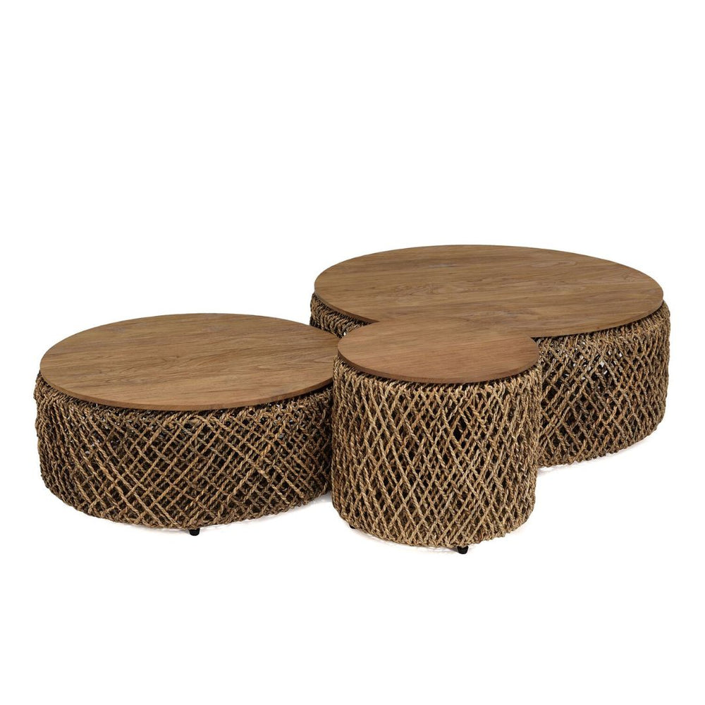 MACABANE- Set de 3 tables basses rondes en tissage de fibre de cocotier