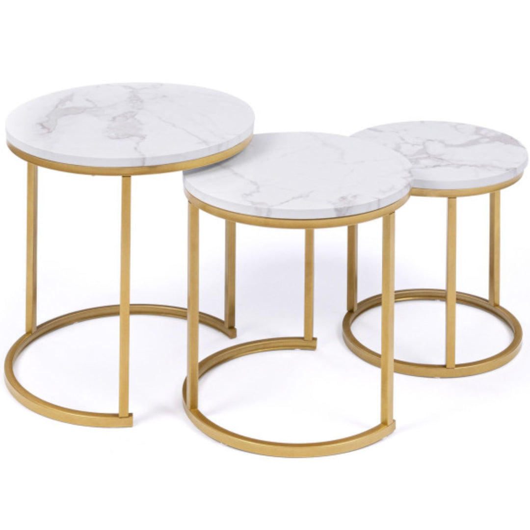 Table ronde gigogne X3 effet marbre pieds dorés