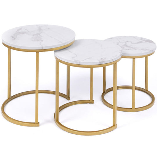 Table ronde gigogne X3 effet marbre pieds dorés