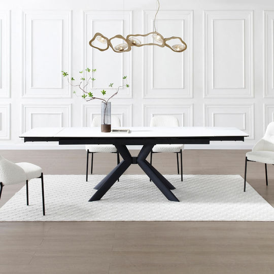 Table à manger Vente Unique extensible 6 à 10 personnes en céramique, verre trempé et métal - Effet marbre blanc et Noir - LIOMINA de Maison Céphy