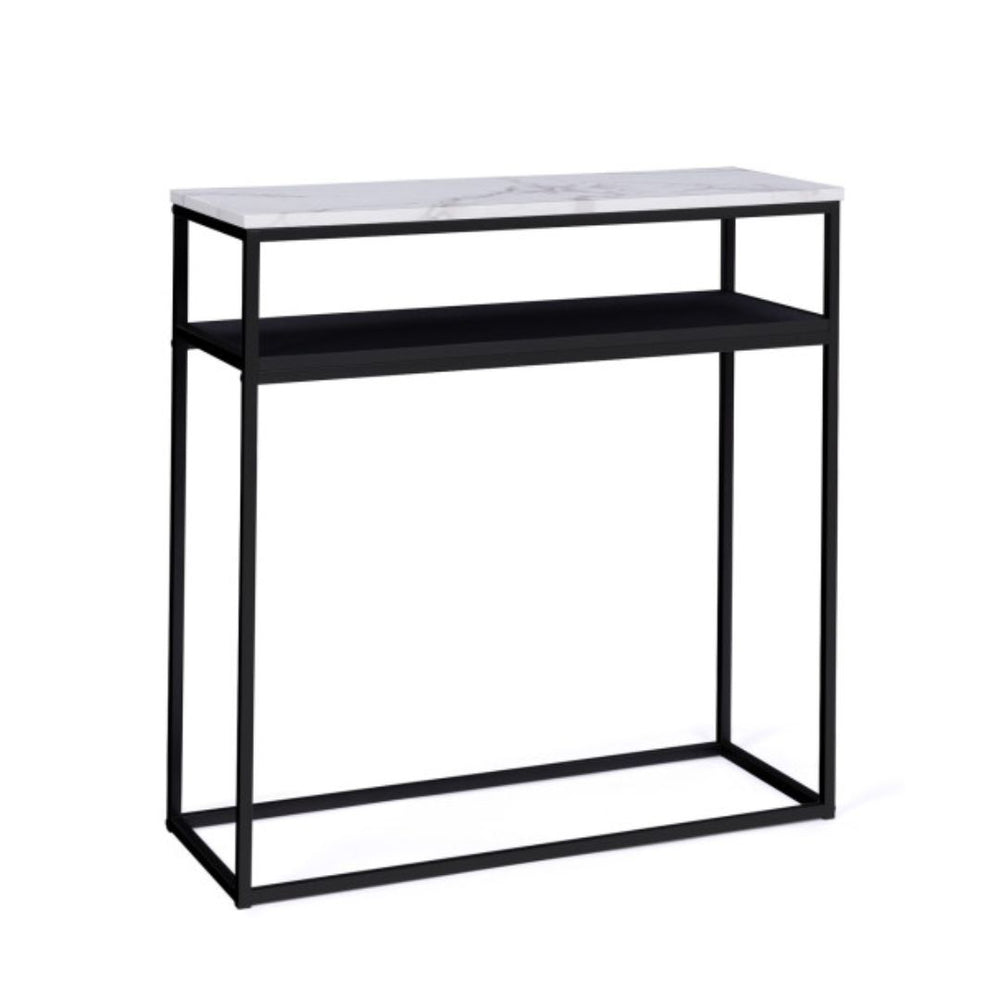 Console d'entrée Glam double plateau effet marbre et pieds noirs