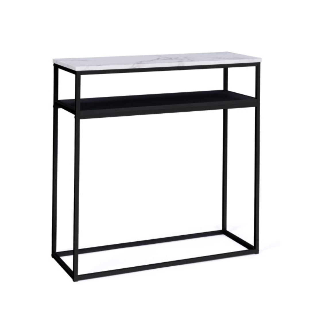 Console d'entrée Glam double plateau effet marbre et pieds noirs