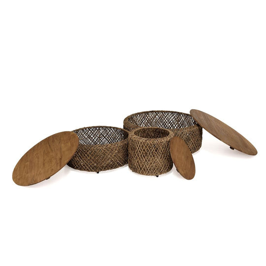 MACABANE- Set de 3 tables basses rondes en tissage de fibre de cocotier
