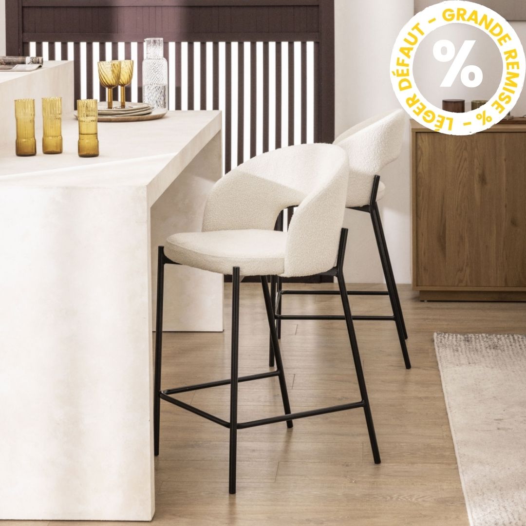 Lot de 2 chaises de bar DRAWER Soren en tissu bouclette écru et métal H65cm