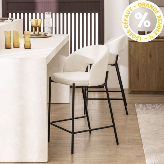 Lot de 2 chaises de bar DRAWER Soren en tissu bouclette écru et métal H65cm