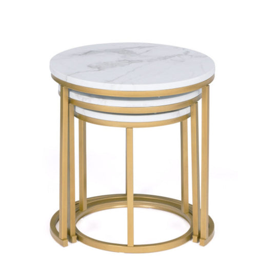 Table ronde gigogne X3 effet marbre pieds dorés