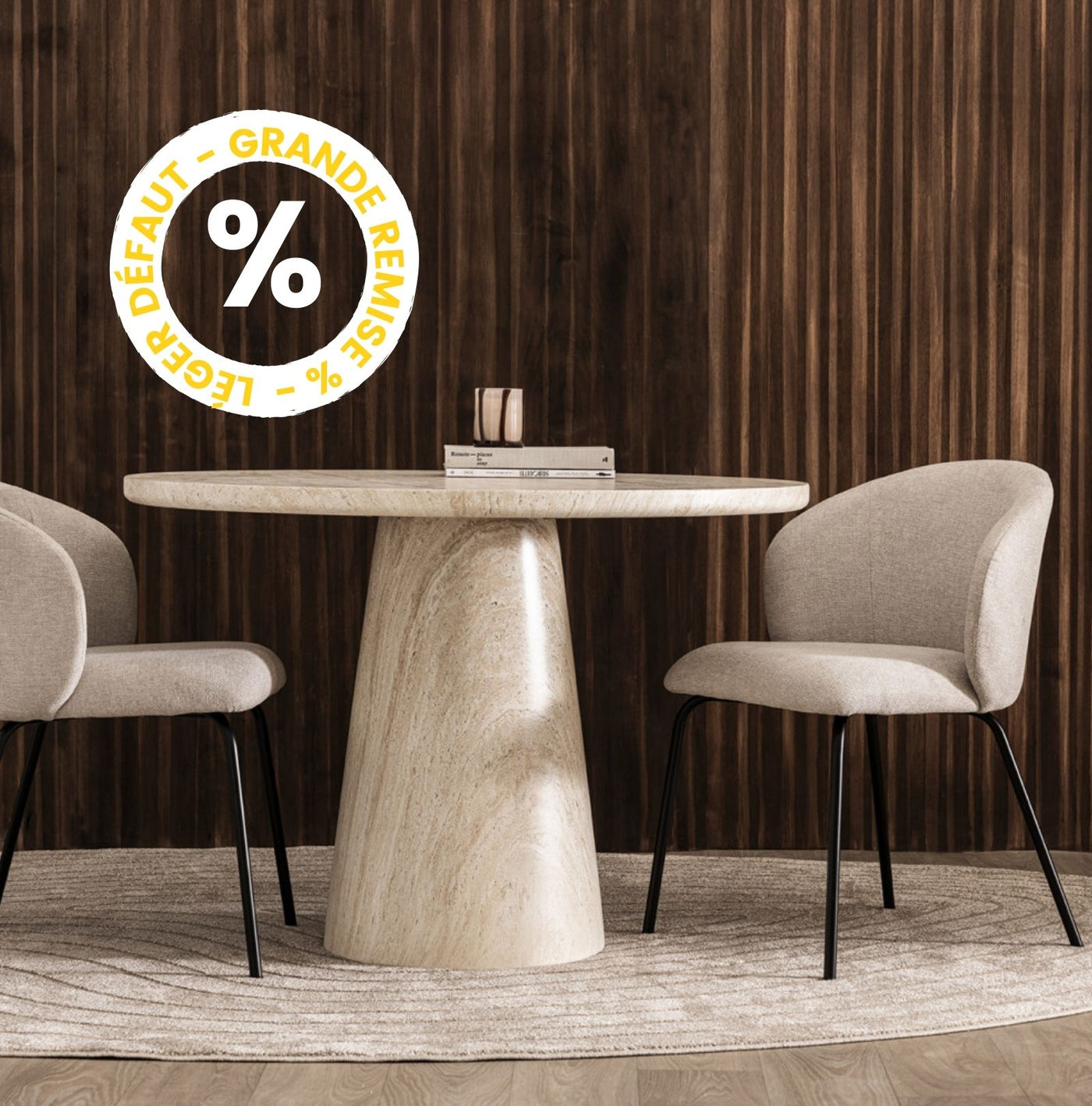 Table à manger 4 personnes ronde effet travertin Drawer - Léger défaut