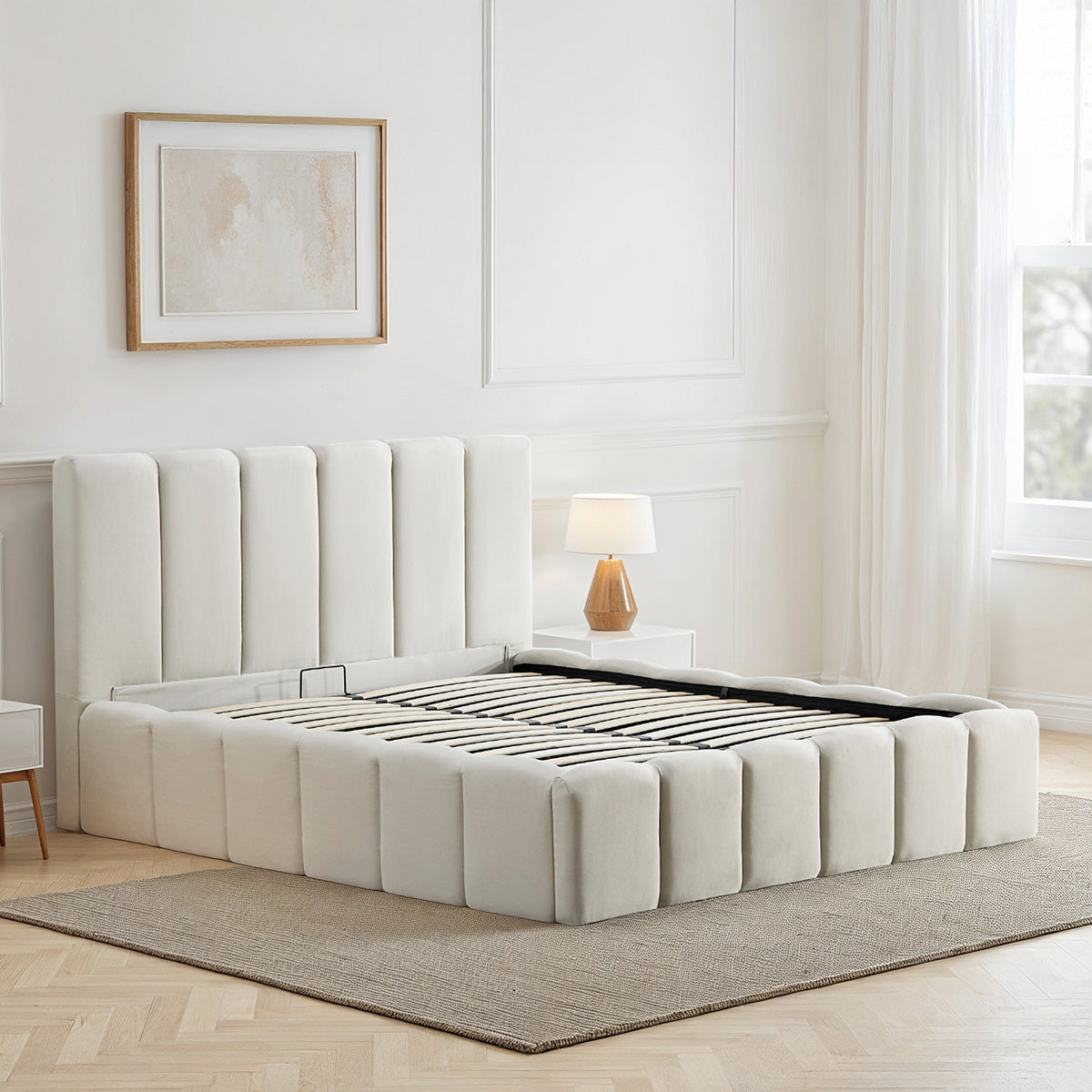 Lit coffre Madeleine en tissu beige