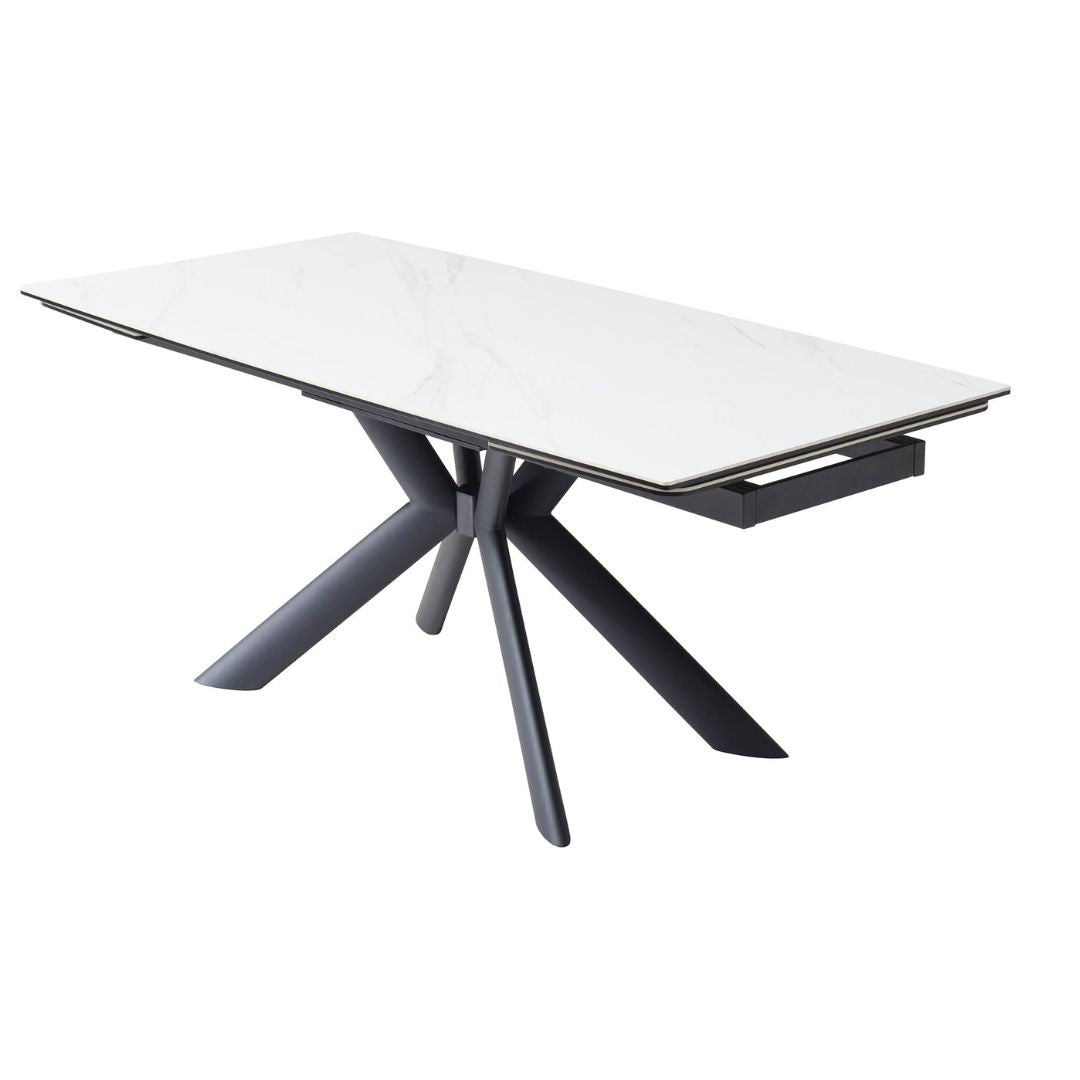 Table à manger Vente Unique extensible 6 à 10 personnes en céramique, verre trempé et métal - Effet marbre blanc et Noir - LIOMINA de Maison Céphy