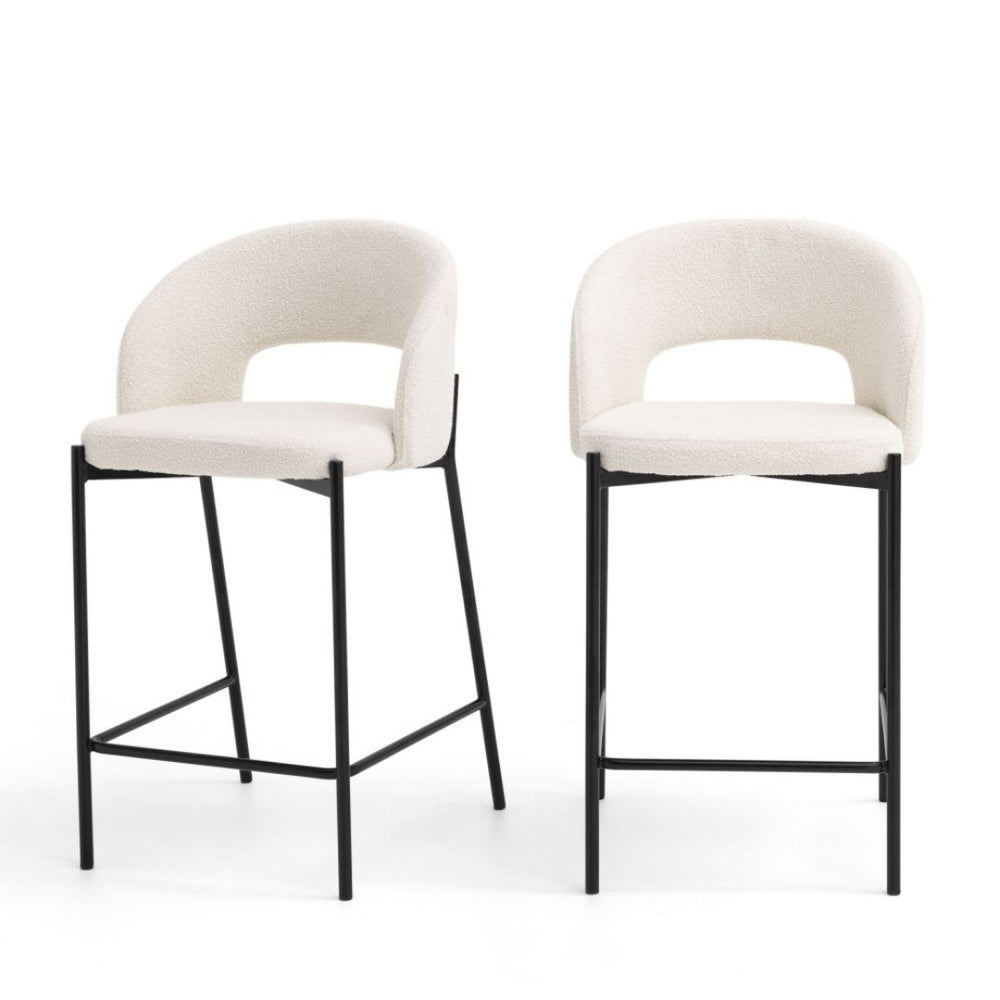 Lot de 2 chaises de bar DRAWER Soren en tissu bouclette écru et métal H65cm