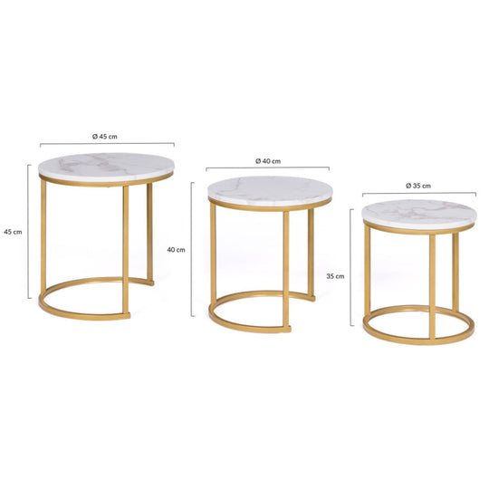 Table ronde gigogne X3 effet marbre pieds dorés