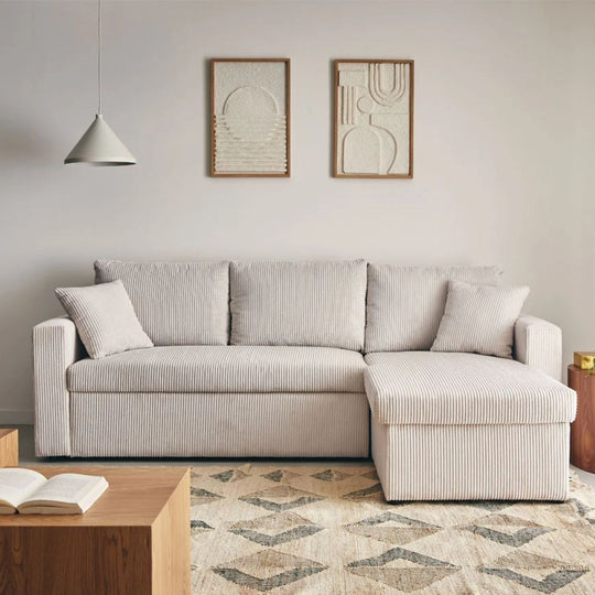 Canapé d'angle réversible BESTMOBILIER 4 places convertible avec coffre en velours côtelé beige CYRUS
