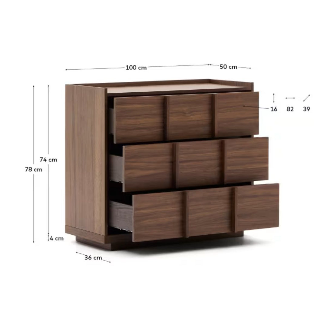 Kave Home- Commode Onix 3 tiroirs en placage de noyer finition foncée 100 x 78 cm