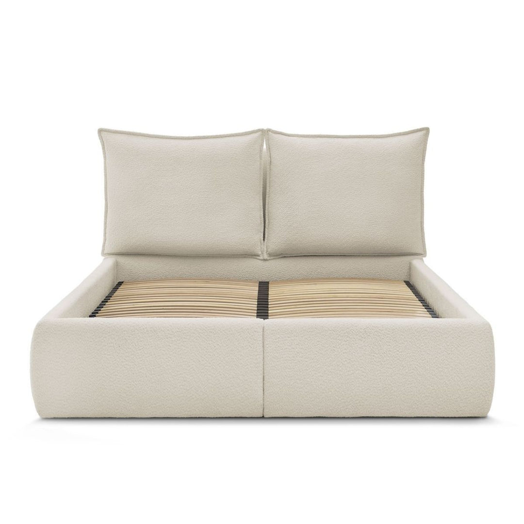 Lit coffre BOBOCHIC Garance 180x200cm avec tête de lit effet oreiller tissu bouclette beige