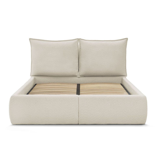 Lit coffre BOBOCHIC Garance 180x200cm avec tête de lit effet oreiller tissu bouclette beige