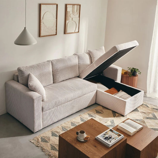 Canapé d'angle réversible BESTMOBILIER 4 places convertible avec coffre en velours côtelé beige CYRUS