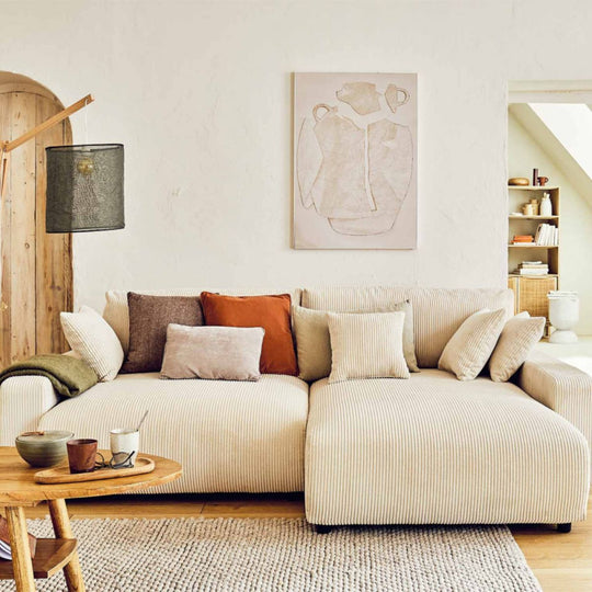 Canapé d'angle réversible BESTMOBILIER 4 places convertible avec coffre en velours côtelé beige