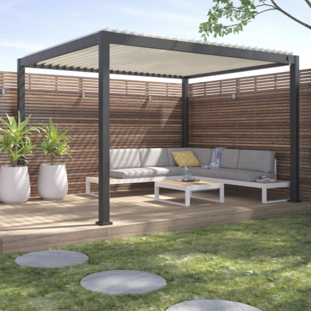 Pergola bioclimatique autoportante Prima Leroy Merlin, aluminium gris anthracite 12m² avec Store déroulant gris anthracite 3.7X2.36