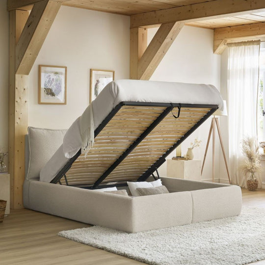 Lit coffre BOBOCHIC Garance 180x200cm avec tête de lit effet oreiller tissu bouclette beige