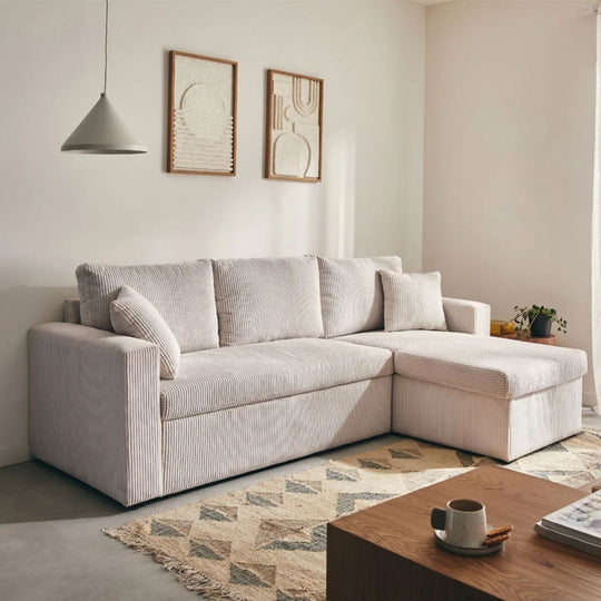 Canapé d'angle réversible BESTMOBILIER 4 places convertible avec coffre en velours côtelé beige CYRUS