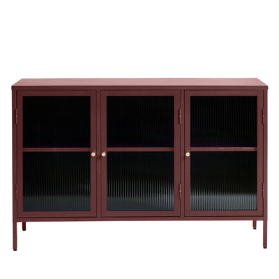 Buffet DRAWER 3 portes en verre strié et métal BJORN Bordeaux