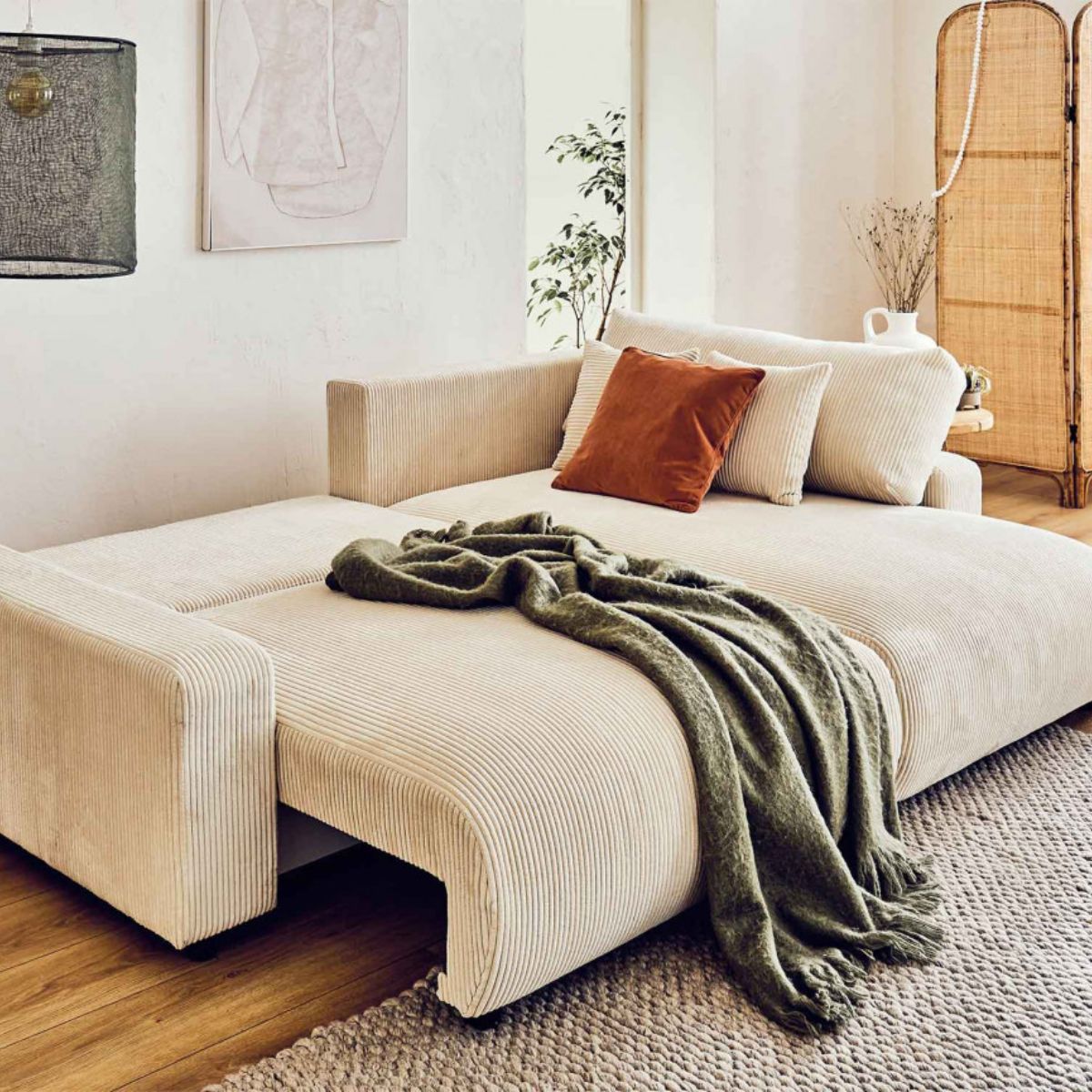 Canapé d'angle réversible BESTMOBILIER 4 places convertible avec coffre en velours côtelé beige