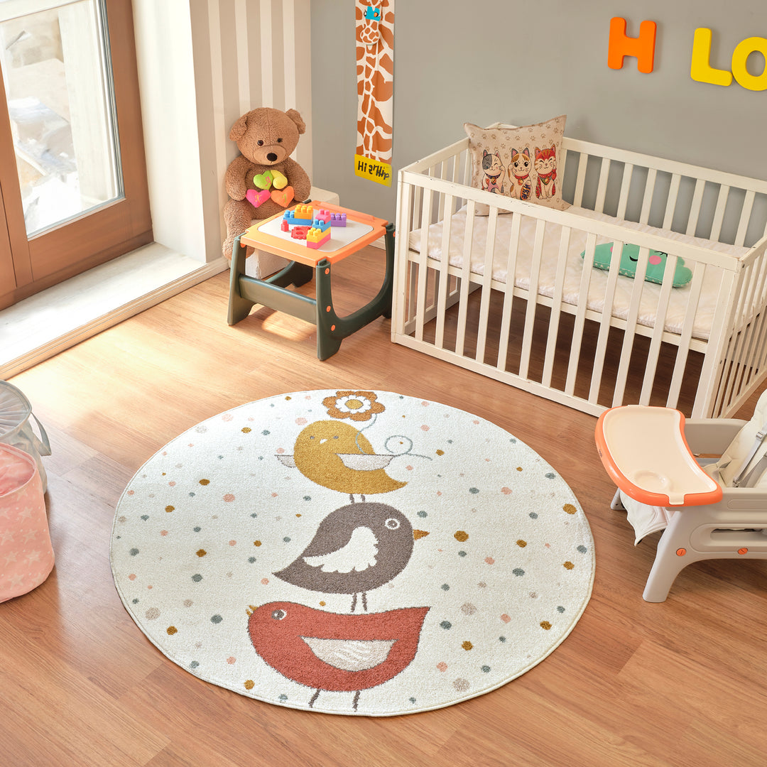 Tapis Rond Enfant Oiseaux Jaune/Bleu/Marron rond Breda