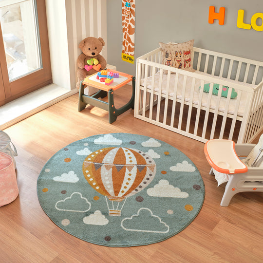 Tapis Rond Enfant Montgolfière Nuages Multicolore/Bleu Rond Cenon