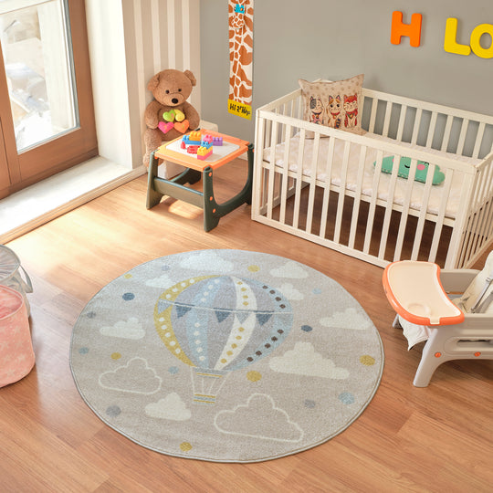 Tapis Rond Enfant Montgolfière Nuages Multicolore/Gris Rond Cenon