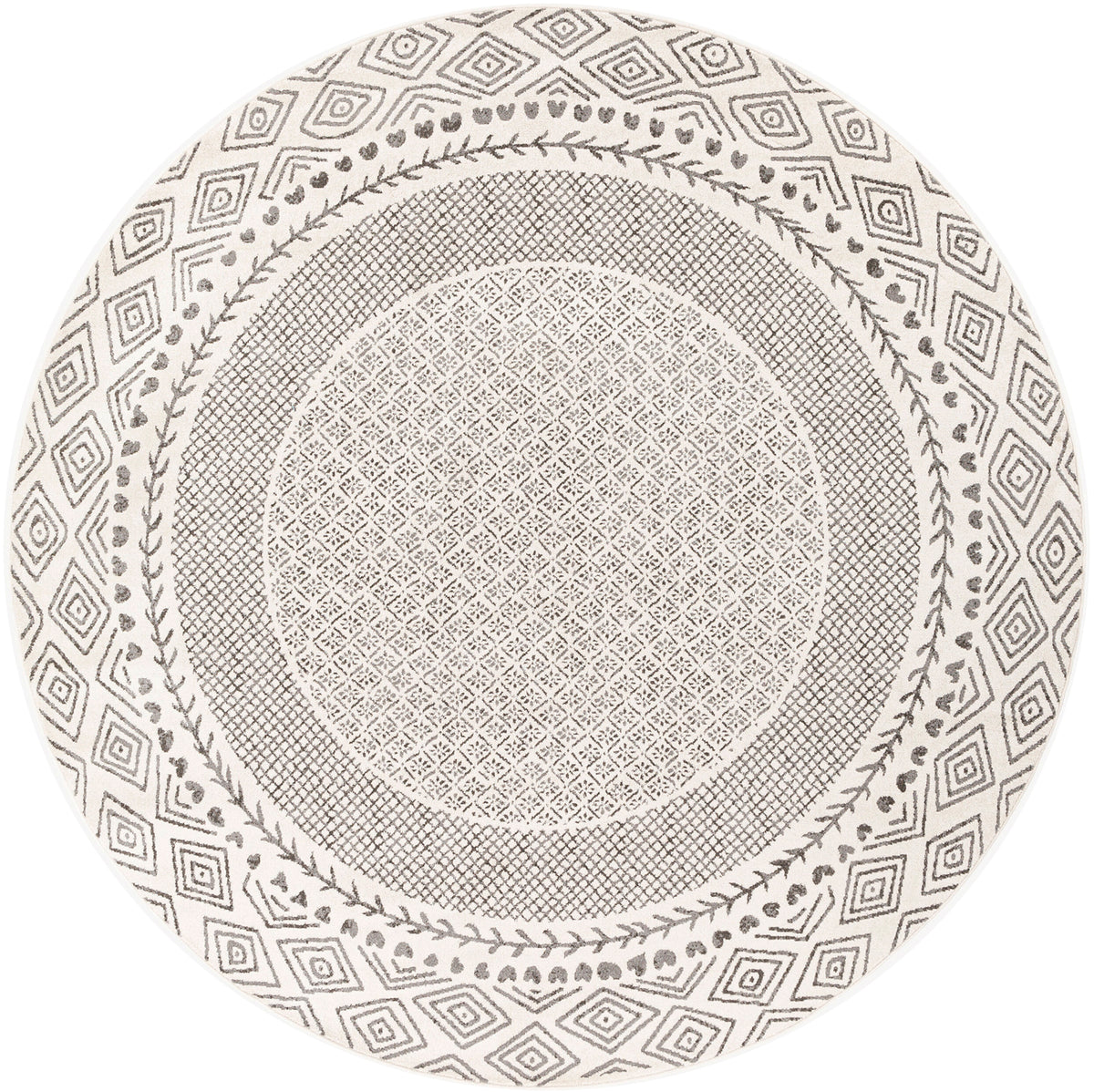 Tapis rond SURYA Monaco géométrique, bordure de losanges anthracite sur fond beige clair, vue 2