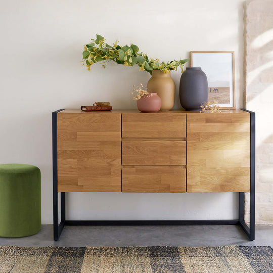 Buffet La Redoute Hiba en enfilade chêne massif et métal acier