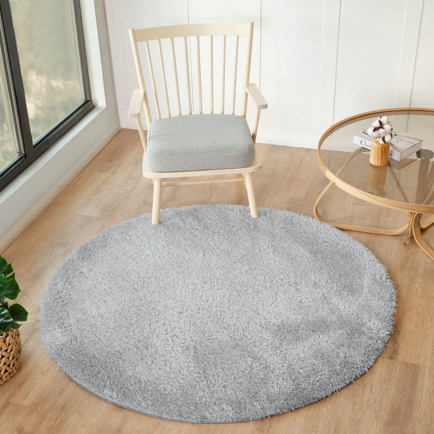 Tapis Rond Shaggy Moderne Gris Clair Rond Trento