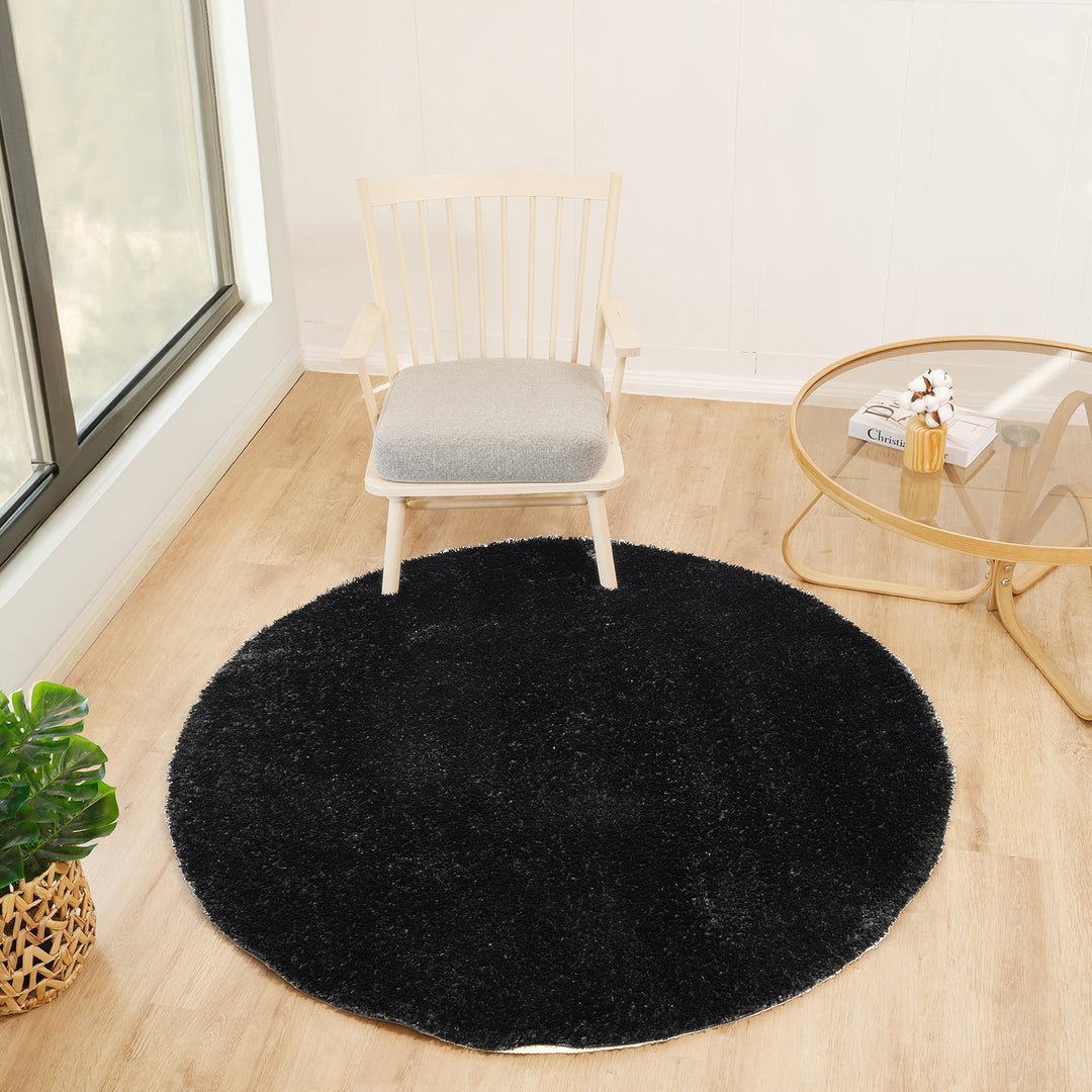 Tapis Rond Shaggy Moderne Noir Rond Trento