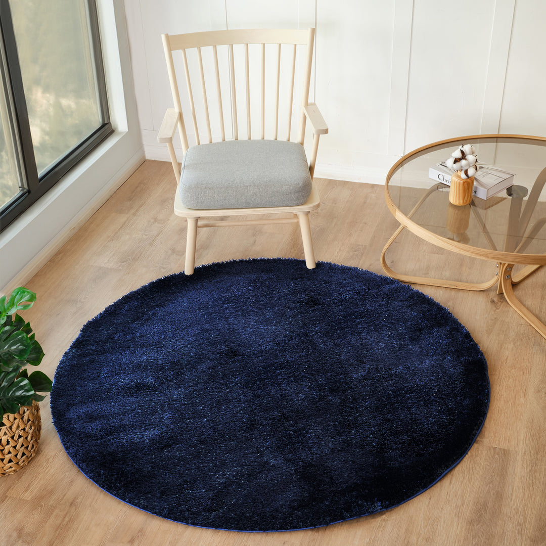 Tapis Rond Shaggy Moderne Bleu Foncé Rond Trento